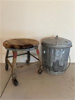 Vintage Rolling Stool Old Galvanized Can w Handle