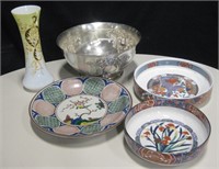 3 Japanese Bowls, Metal Bowl & Ceramic Vase