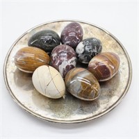 Polished Stone Eggs & Silver Plate Tray