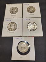 Five 1930s Silver Washington Quarters