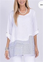 Size 3XL white polka dot contrast linen tunic