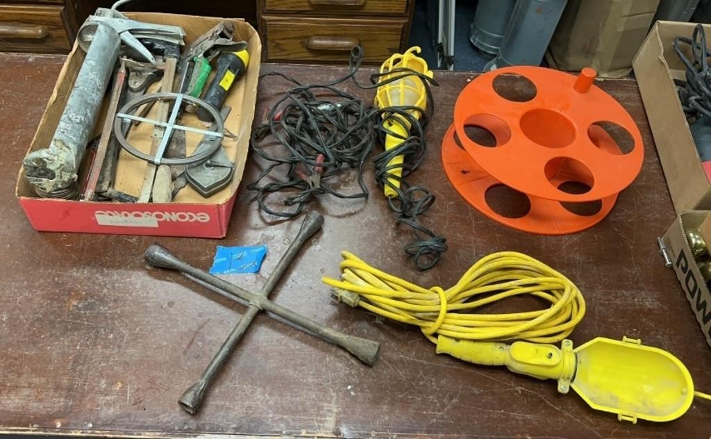 Hand tools, tire irons, ext cord reel, hanging