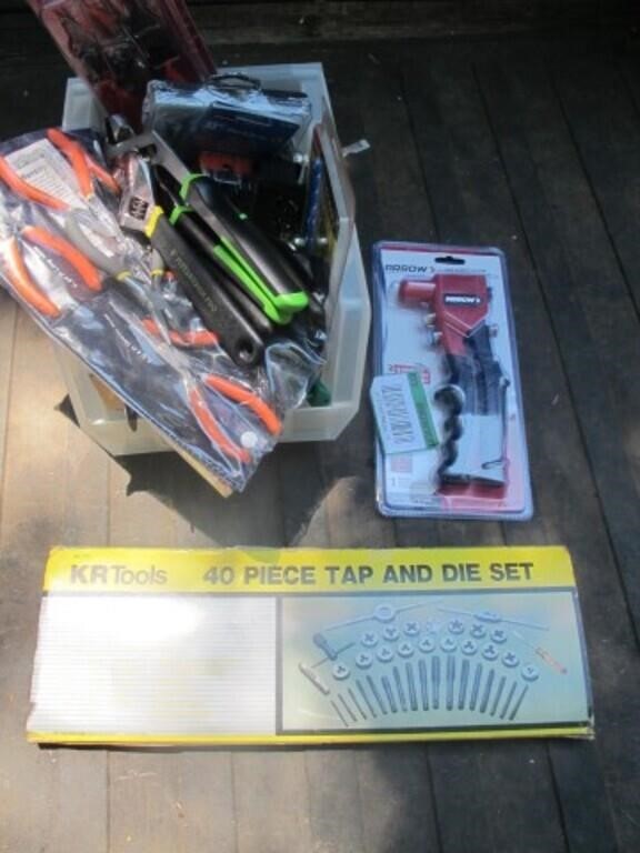 TUB FULL OF TOOLS PLIARS, TAPSET, AND MORE