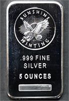 5 Troy Oz .999 Fine Silver Bar Sunshine Minting