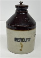 Brown white stoneware crock mercury