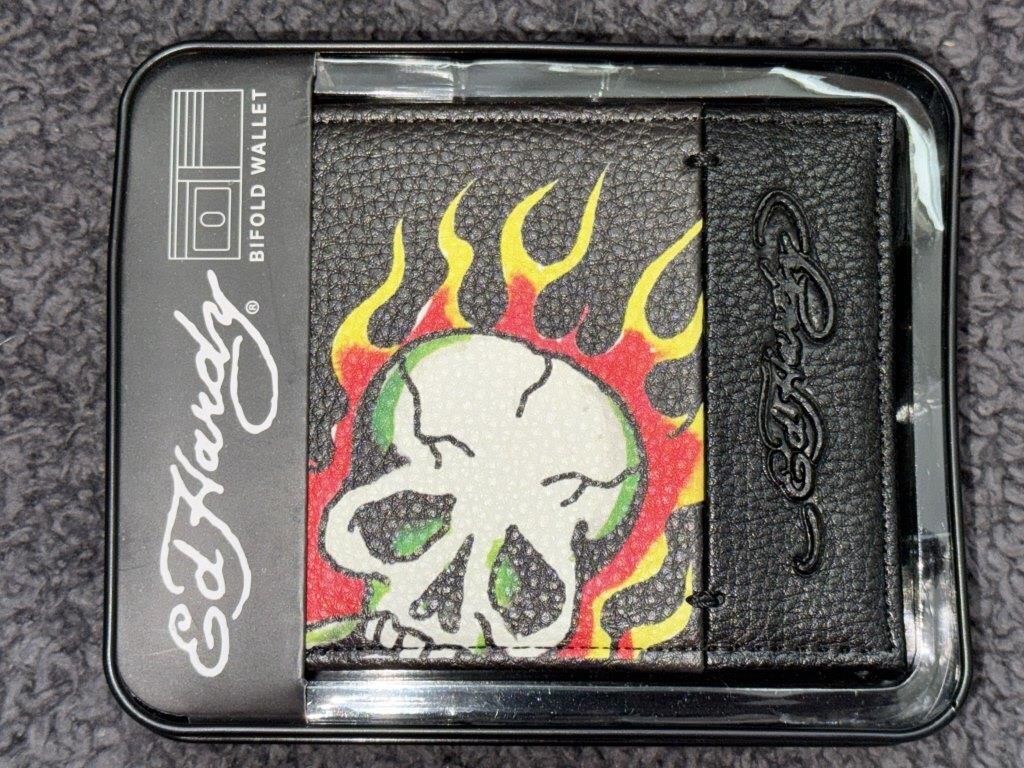 NEW ED HARDY HIGH END BIFOLD LEATHER SKULL WALLET