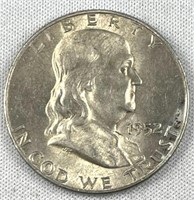 1952-D Franklin Silver Half Dollar, AU+, Luster