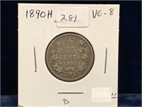 1890H  Canadian Silver 25 Cent Piece  VG8