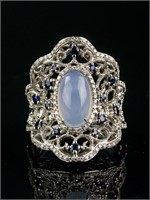 14k Gold Moonstone Sapphire and Diamond Ring