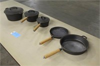 Assorted Cast Iron Frying Pans & Kettles w/Wooden