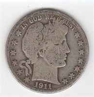 1911 S US Barber Half Dollar Coin 90% Silver