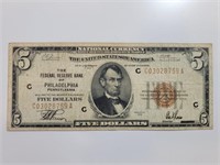 1929 $5 Reserve Bank Philadelphia FR-1850c