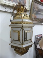 LARGE BRASS & FROSTED GLASS HANGING LIGHT FIXTURE