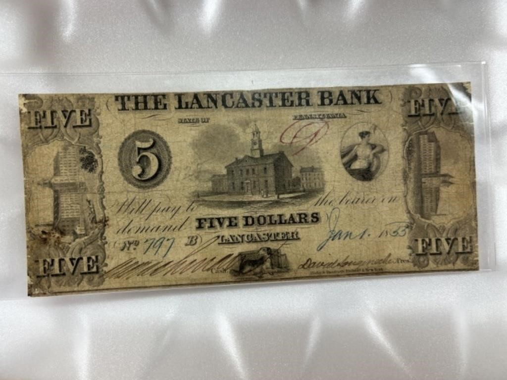 1855 Bank of Lancaster $5 Note