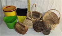 Various Plastic Bins & Wicker Baskets