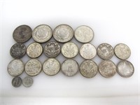 ASSORTED SILVER CANADIAN, AMERICAN, SPANISH COINS