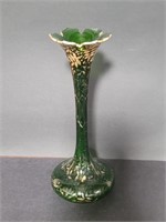 Vintage gilt green glass vase, 6"diam. x 17"h.