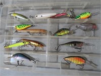 (14) FISHING LURES IN PLASTIC DISPLAY CASE