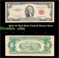 1953 $2 Red Seal United States Note Grades vf+