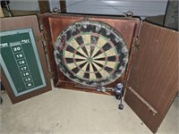 Wood dart board with darts
