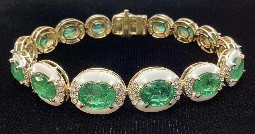 14KT YELLOW GOLD EMERALD & DIAMOND BRACELET,