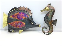 2 copper metal drip art sculptures. Fish and