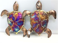 2 copper metal drip art sculptures. Turtles.