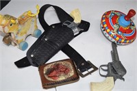Vintage Leather Wallet, Guns, Spinning Top & Cow
