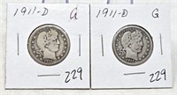 (2) 1911-D Quarters G