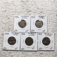 5 Canadian Nickels 1936 VF, 1937 XF, 1938 XF, 1939
