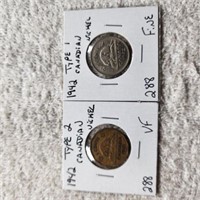 1942 Type1 XF,1942 Type 2 VF Canadian Nickels