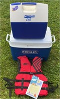 2 coolers and life jacket with tags.