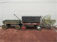 2 COASTER WAGONS, WICKER DOLL CARRIAGE: