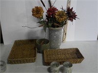 decor lot, baskets,  candle holders, flower vase