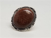 Red Sun Stone German Silver Ring, Size 7
