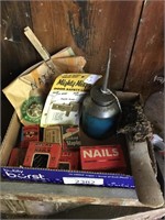Nails, oil can, door safety lock, brush