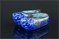 Chinese Blue Enameled Bronze Shoe Form Brush Rest