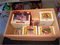 Tote Full Of Bisque Christmas Village Buildings.