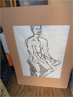 Nude Male Ink Watercolor Signed Art School