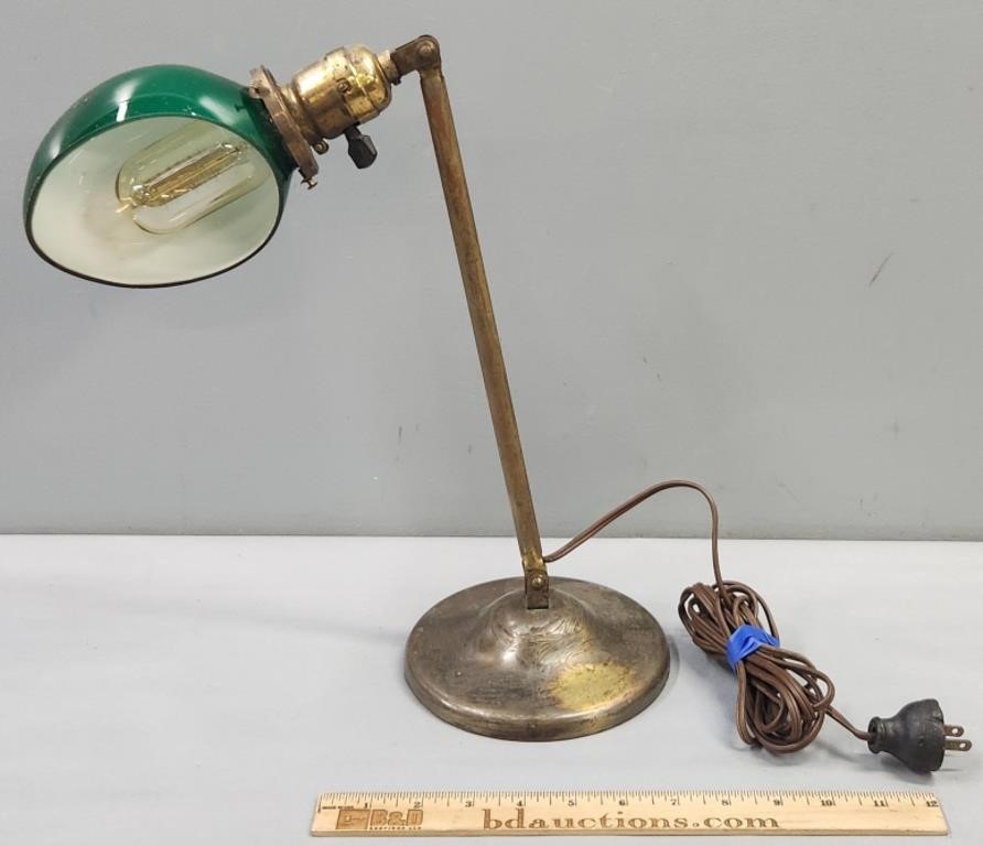 Antique Students Desk Lamp Brass & Cased Glass