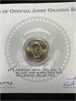 6 UNC Presidential Dollars on certificate