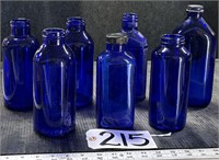 7 Pc Cobalt Blue Glass Bottle Lot Antique