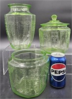 Uranium Green Depression Glass Cookie Jar, Vase