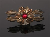 Vintage Costume Jewelry Brooch Flower w/ Red Stone