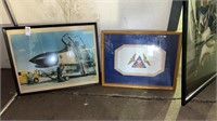 2 navy framed pictures, 15x29 and  17x21