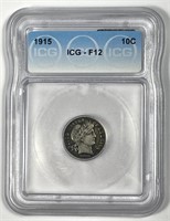 1915 Barber Silver Dime Fine ICG F12