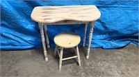 Pine Antiqued Kidney Table And Stool
