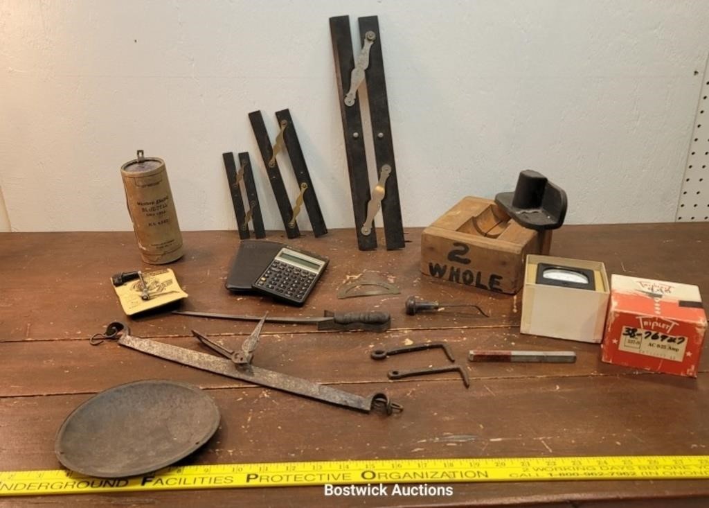 Tub - tools, wooden foundry molds, old scales,