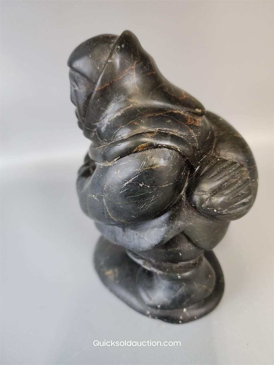 Eskimo With Seal On Back Soapstone Carving 6"H x