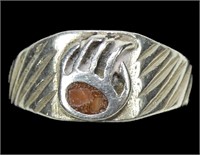 Sterling silver bear claw ring with coral inlay,